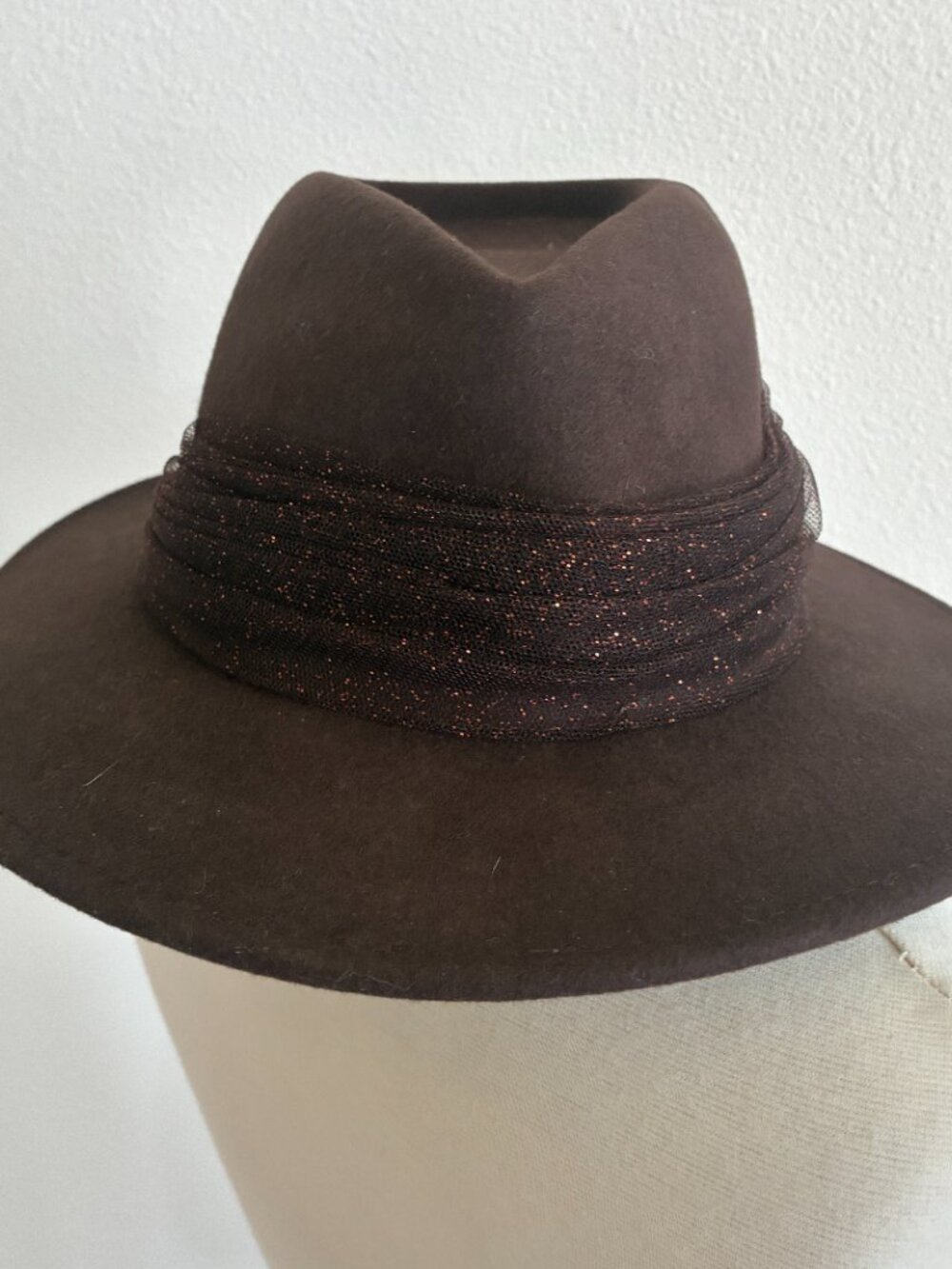 Eugenia Kim Wool Felt Hat Brimmed Fedora Metallic Glitter Tulle - Picture 6 of 9